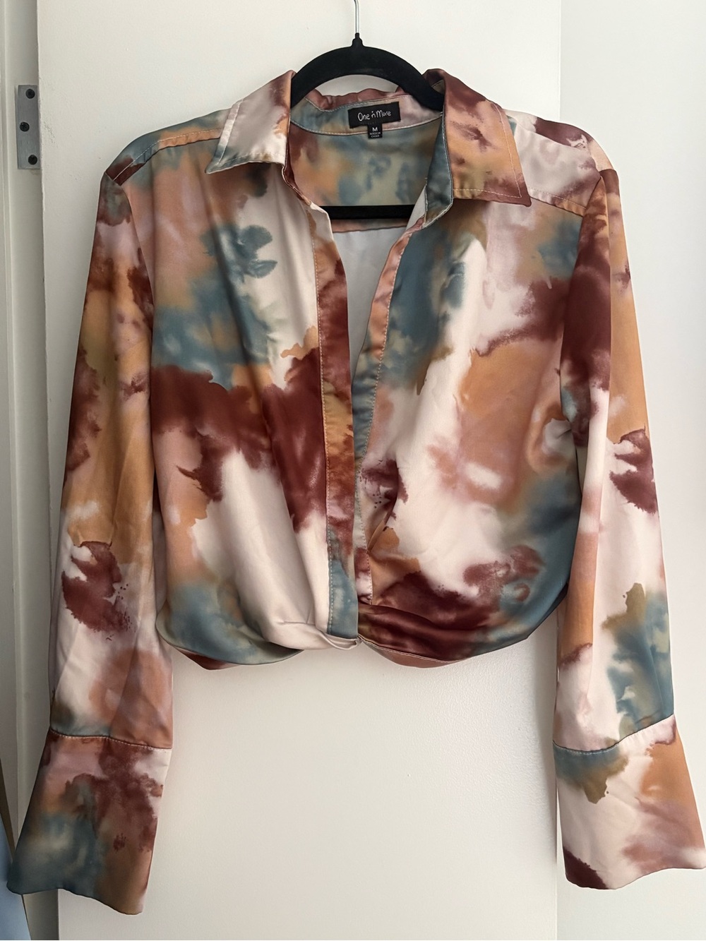 Multicolor Satin Tie-Front Crop Blouse - Pastel Watercolor